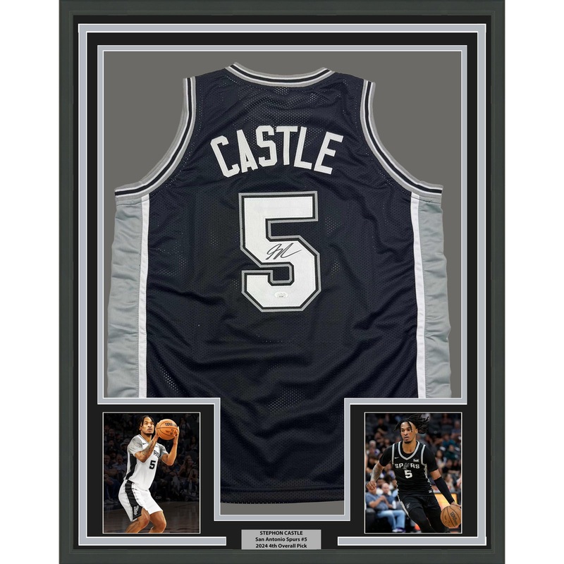 Framed Autographed/Signed Stephon Castle 35×39 San Antonio Black Jersey JSA COA