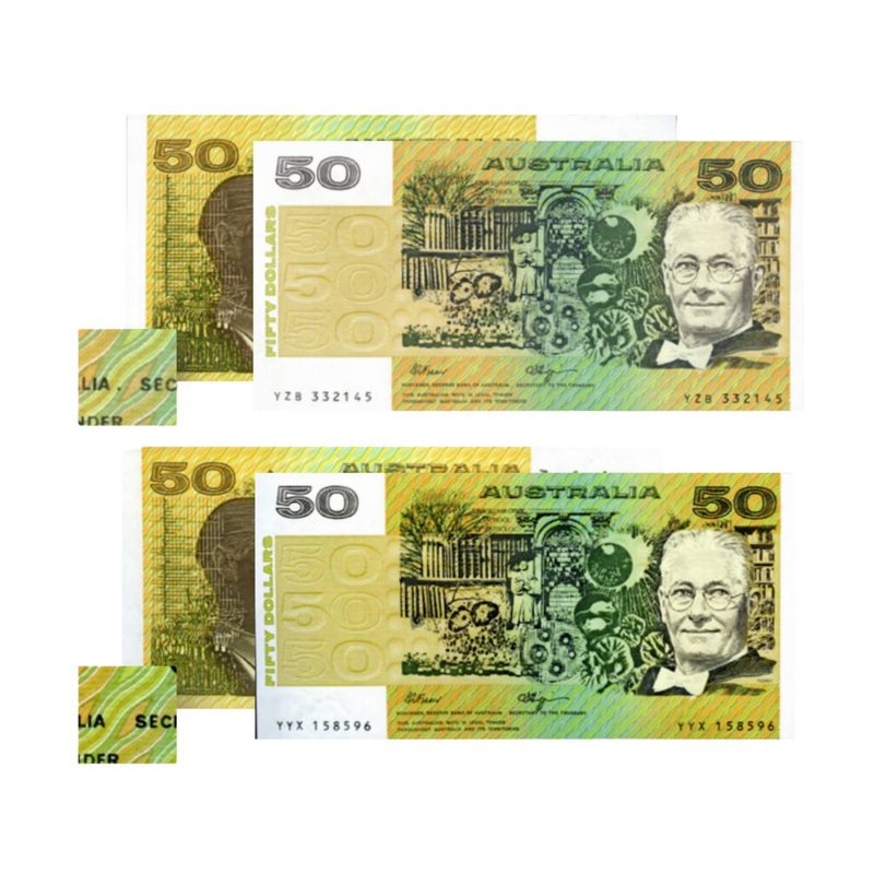 1990 $50 R512 Fraser Higgins with Full Stop after Reserve Bank of Australia and without Full Stop Pair Uncirculated (2 notes)