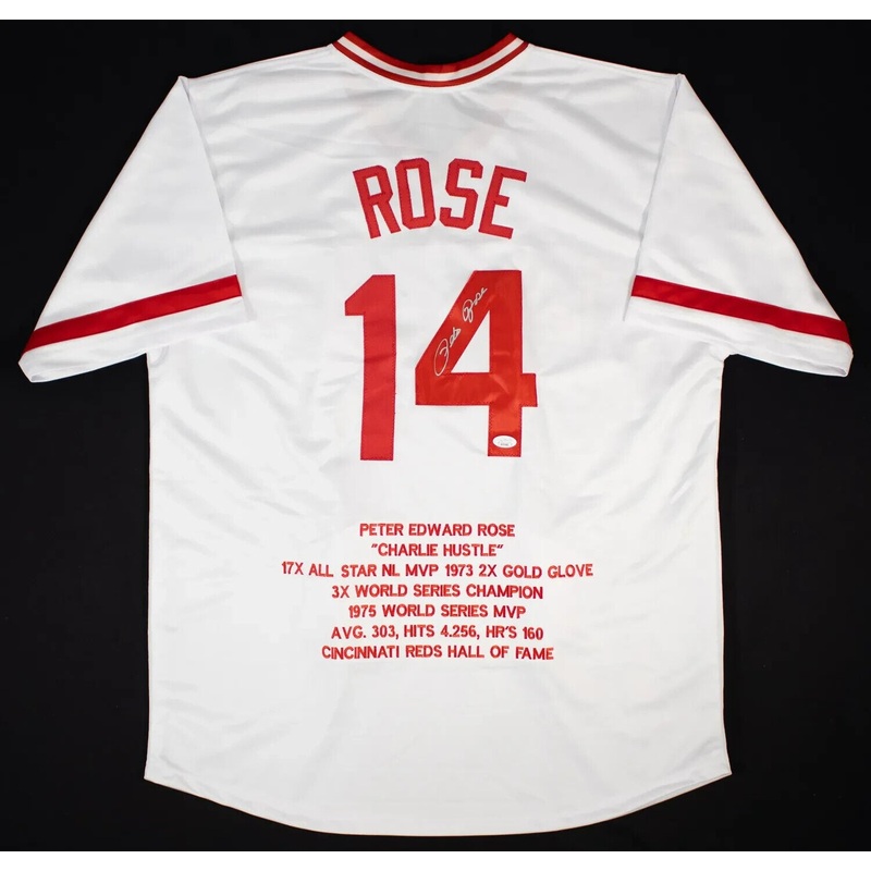 Pete Rose Signed Cincinnati Reds Career Highlight Stat White Jersey (JSA COA)