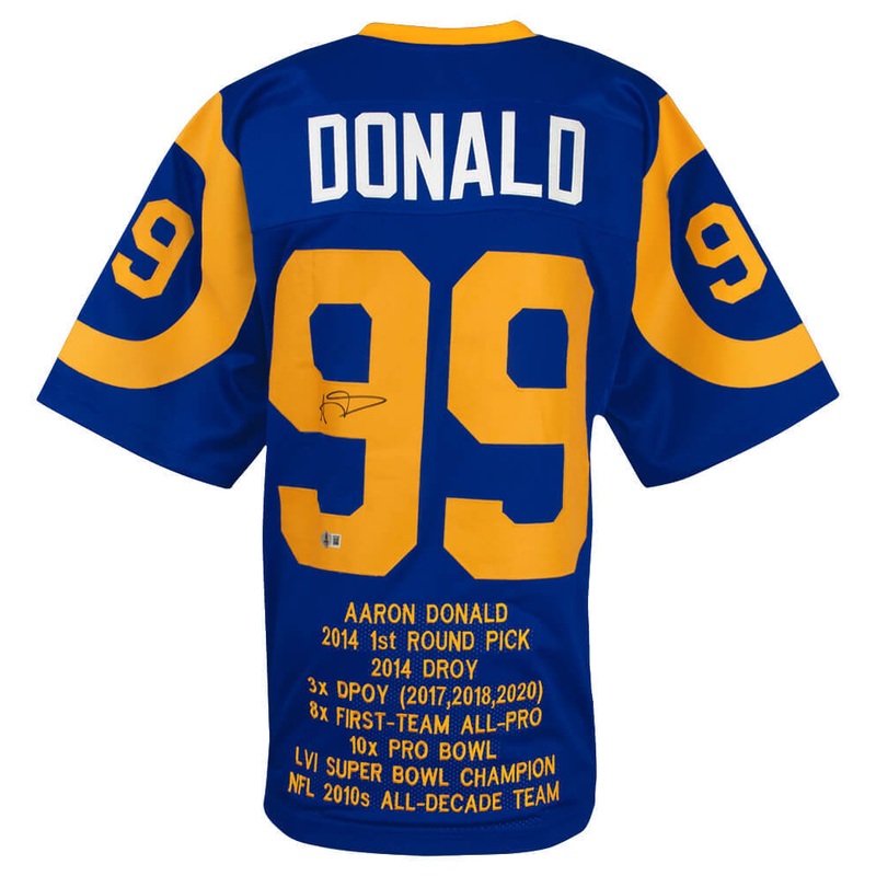 Aaron Donald Signed Blue Throwback Custom Stat Football Jersey – (BECKETT COA)
