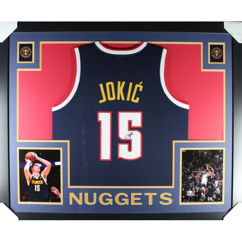 Nikola Jokic Autographed/Signed Pro Style Blue XL Framed Jersey Beckett 51221