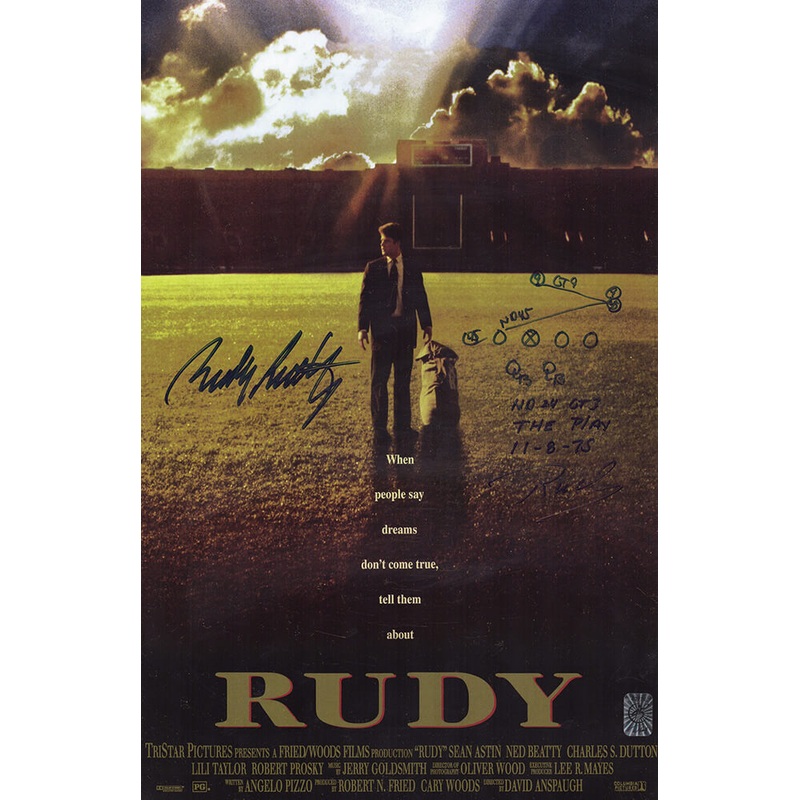 Rudy Ruettiger Signed ‘Rudy’ 11×17 Movie Poster w/Rudy Play Diagram – (SS COA)