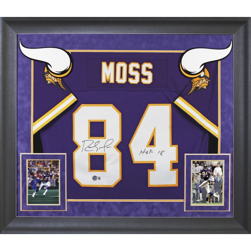 Vikings Randy Moss HOF 18 Signed Purple Mitchell & Ness Framed Jersey BAS W 1