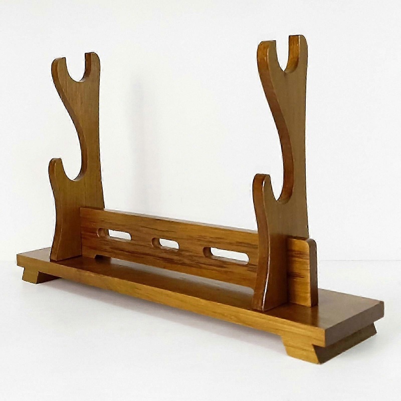Two-Tier Wooden Stand for Samurai Swords, Light Brown Finish, Durable Solid Wood Display Rack