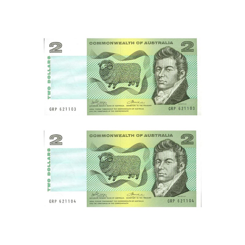 1972 $2 R84 Phillips/Wheeler Commonwealth Banner Banknote Consecutive Pair Uncirculated