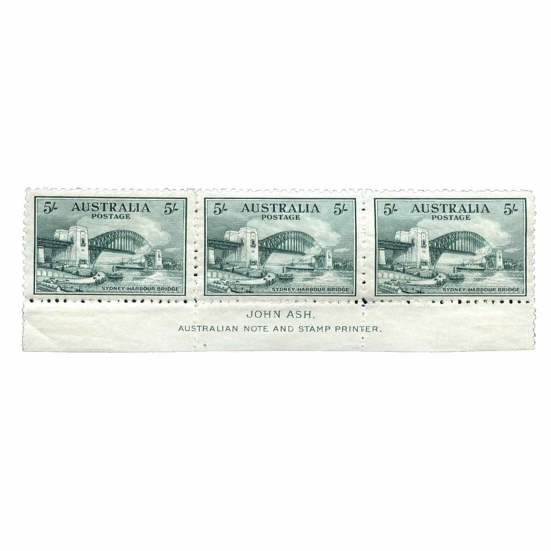 Australia 1932 5/- Green Sydney Harbour Bridge Stamp Ash Imprint Strip of Three Mint Unhinged