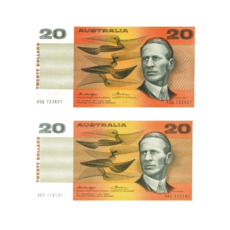 1976 $20 R406a & R406b Knight/Wheeler with  centre & side thread pair Uncirculated (2 notes)