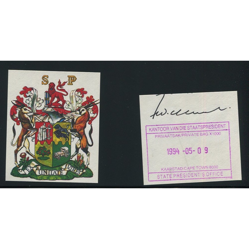 1989 DE KLERK SIGNATURE WITH LAST DAY OF HIS TENURE CACHET & COA