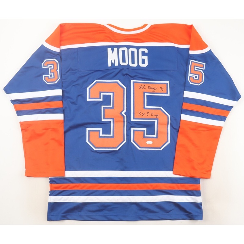 Andy Moog Signed Edmonton Oilers Blue Jersey (JSA COA) 4xStanley Cup Champion
