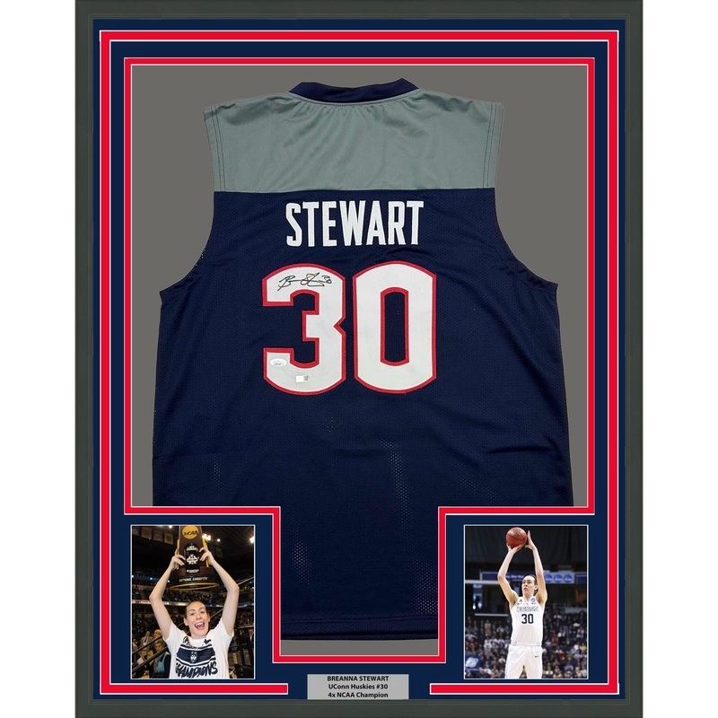 Framed Autographed/Signed Breanna Stewart 35×39 UConn Blue Jersey JSA COA