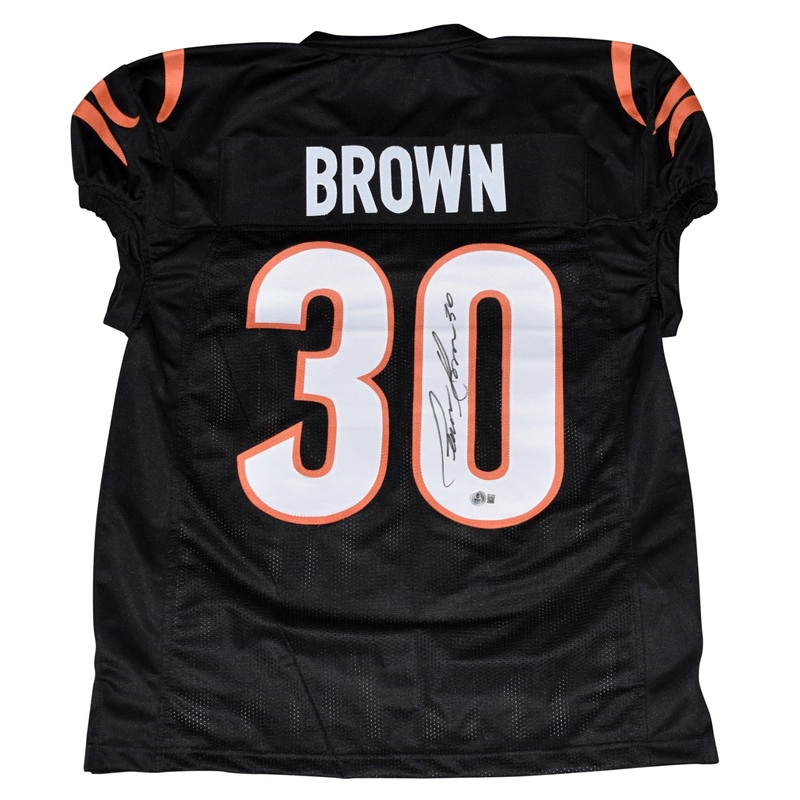 CHASE BROWN SIGNED CINCINNATI BENGALS #30 BLACK GAME CUT JERSEY BECKETT