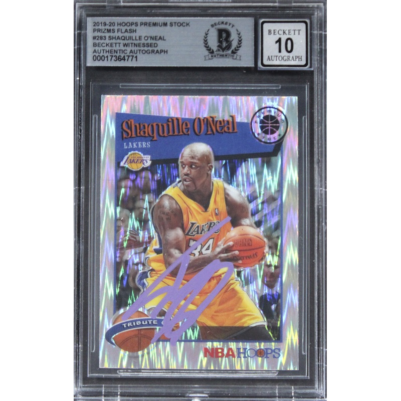 Lakers Shaquille O’Neal Signed 2019 Hoops PS Prizms Flash #283 Auto 10 BAS Slab