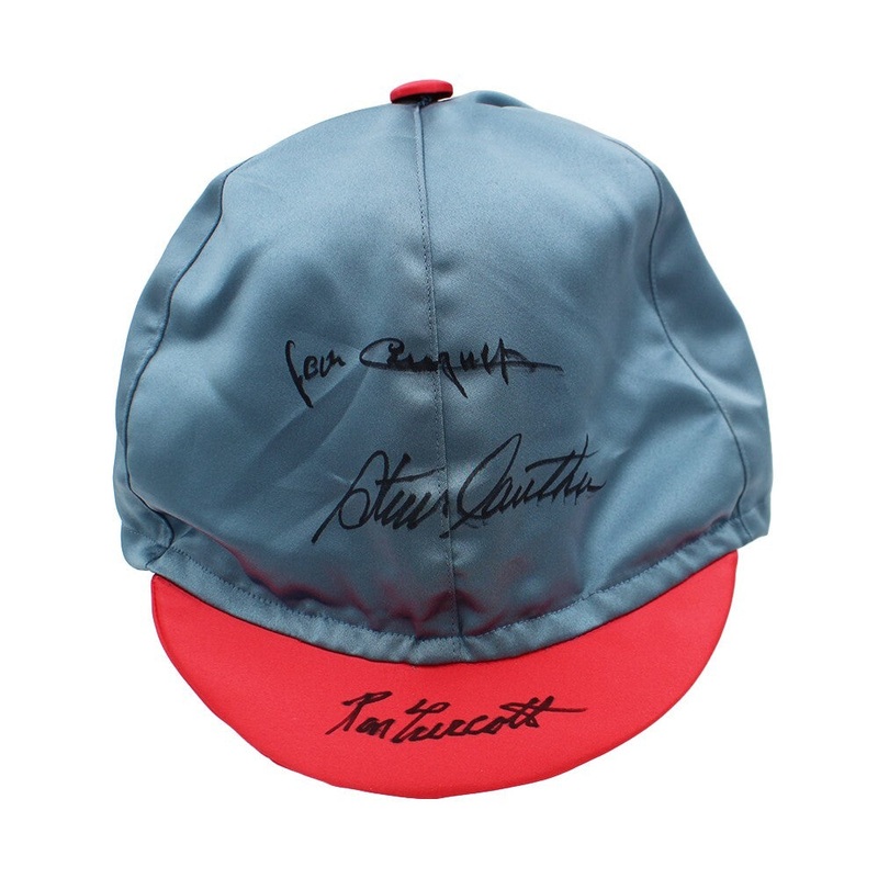 Ron Turcotte, Steve Cauthen & Jean Cruguet Signed Triple Crown Silk Blue/Red Hat