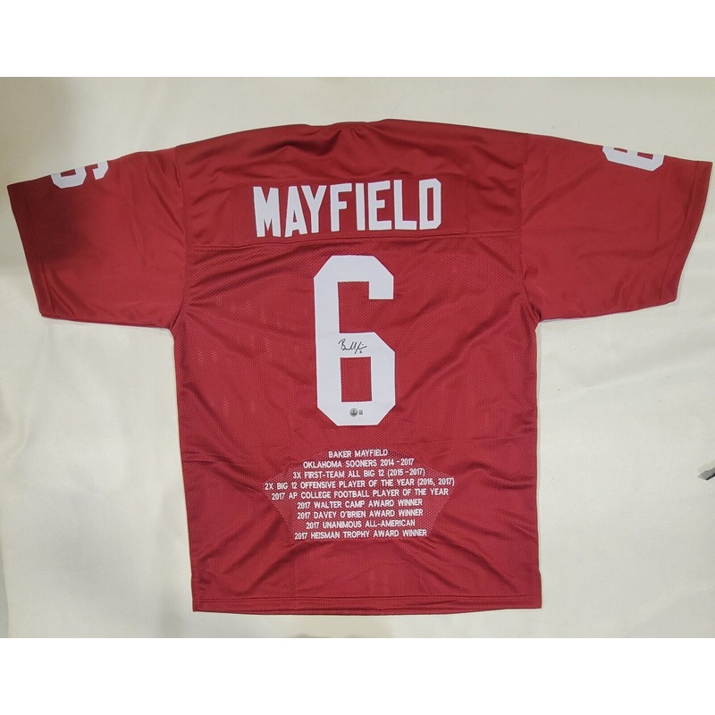 BAKER MAYFIELD AUTOGRAPHED SIGNED COLLEGE STYLE XL STAT JERSEY W/ BECKETT QR