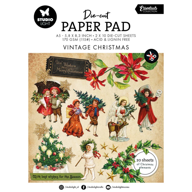Studio Light Die-Cut Paper Pad Paper Vintage Christmas Essentials 20 Sheets