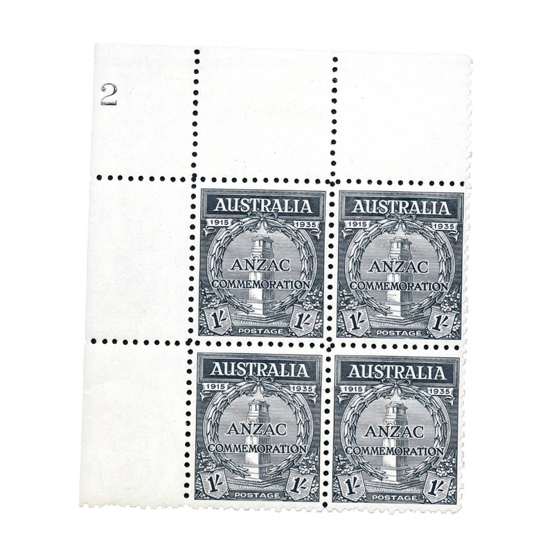 Australia 1935 1/- Black ANZAC Stamp Plate Block of 4 Mint Unhinged