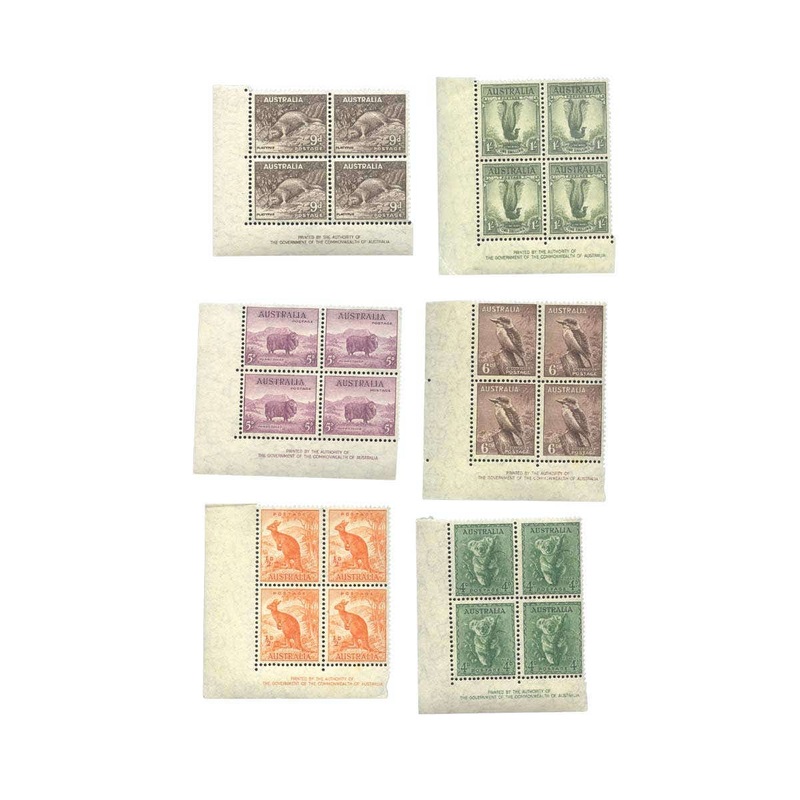 Australia 1940-45 1/2d-1/- Zoological Stamps Authority Imprint Block of Four Set of 6 Different Mint Unhinged