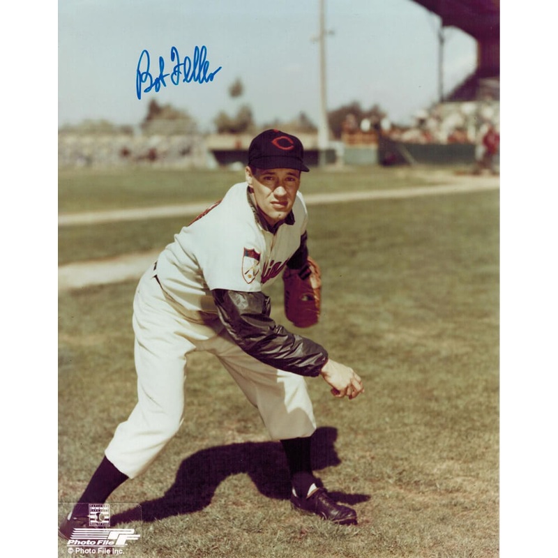 BOB FELLER Signed Indians Pitching 8×10 Photo – SCHWARTZ