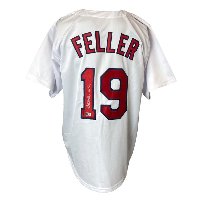 Bob Feller Cleveland Signed White Baseball Jersey HOF 62 BAS