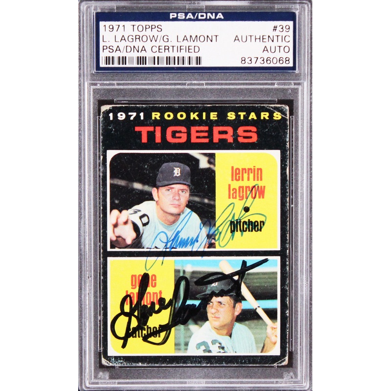 Tigers Gene Lamont & Lerrin Lagrow Authentic Signed 1971 Topps #39 Card PSA Slab