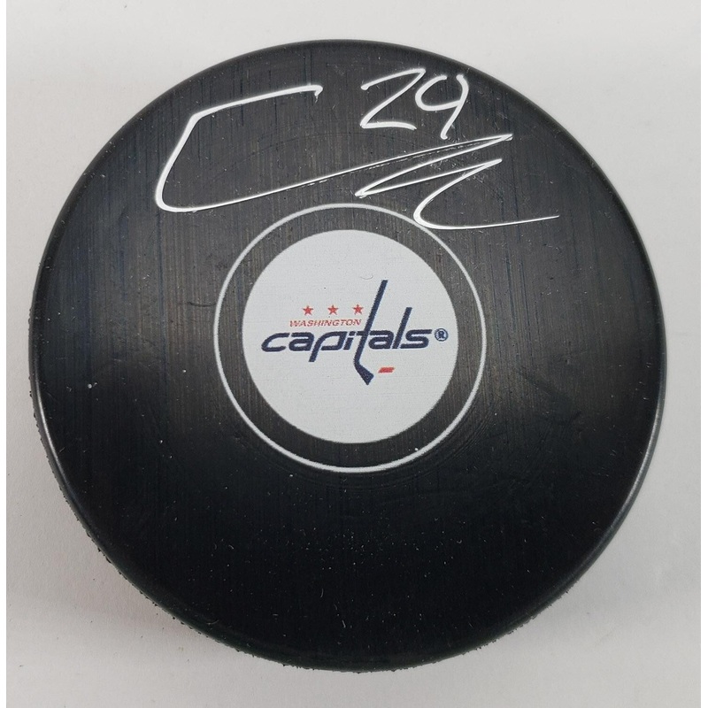 Connor McMichael Signed Washington Capitals Logo Puck (JSA COA) 2023 Calder Cup