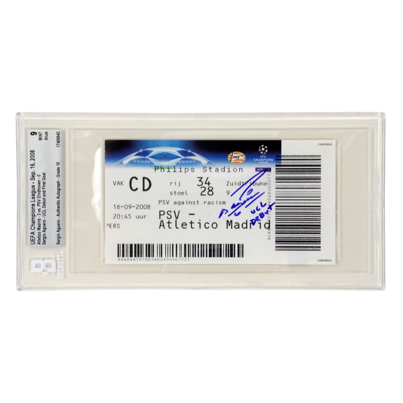 Sergio Aguero Signed 2008 UCL Debut & First Goal Match Ticket Inscribed – BGS 9