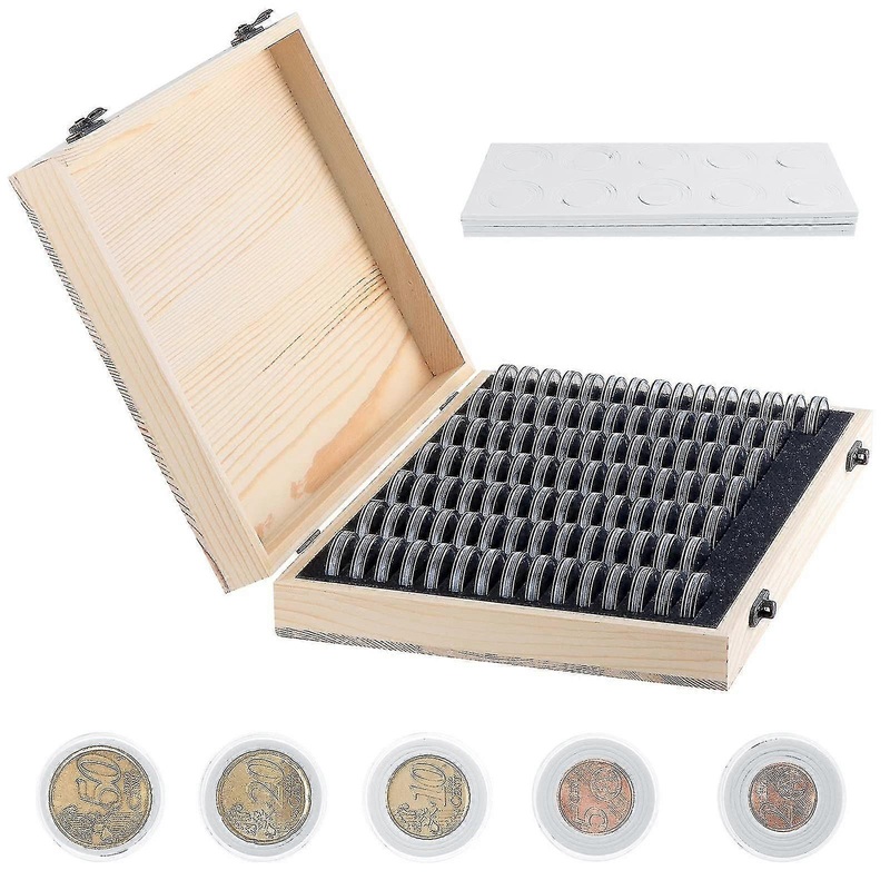 Wooden Coin Collector Storage Box with Adjustable Compartments for Commemorative Collections (18mm-30mm)