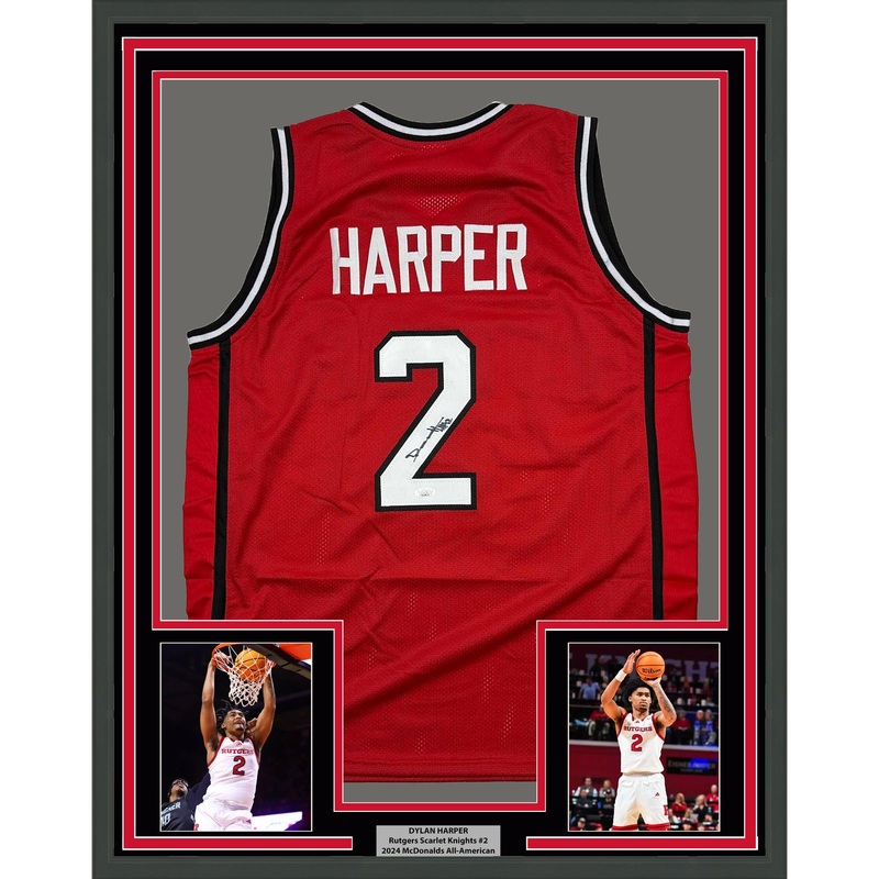 Framed Autographed/Signed Dylan Harper 35×39 Rutgers Red College Jersey JSA COA