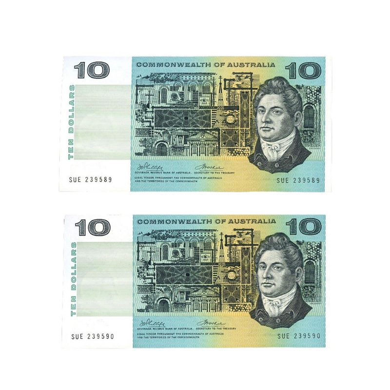 1972 R304 $10 Phillips/Wheeler Commonwealth Banknote Consecutive Pair Uncirculated