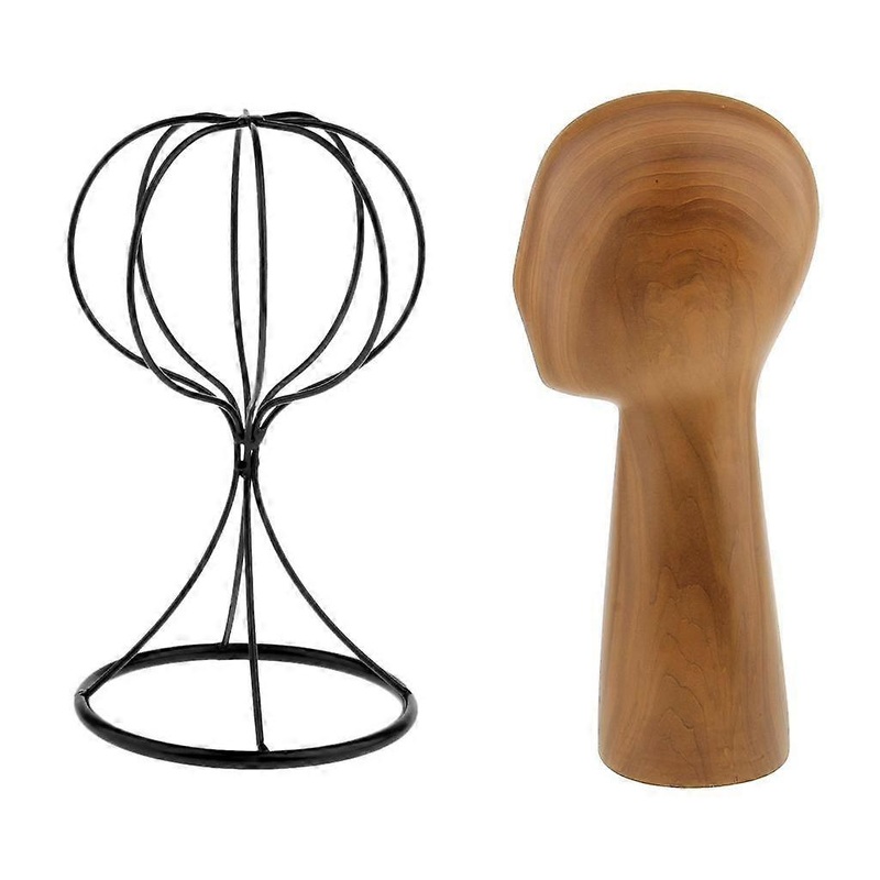 2 Pack Freestanding Wood Color Fiberglass Head Model Metal Wire Ball Hat Stand