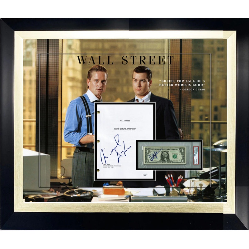 Wall Street Movie Autographed Script & Dollar 3D Box Frame JSA & PSA COAs