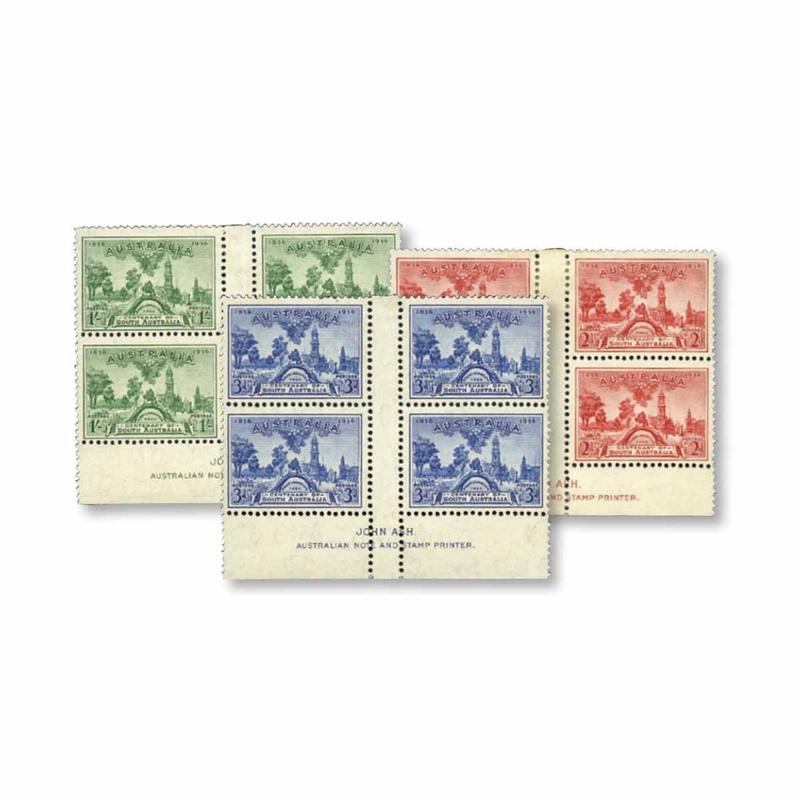 1936 2d, 3d & 1/- South Australia Centenary Imprint Block of Four Set MLH/MUH