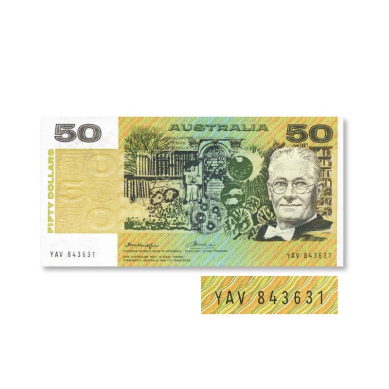 Australia 1976 $50 R506aF Knight/Wheeler Centre Thread YAV First Prefix Uncirculated Banknote