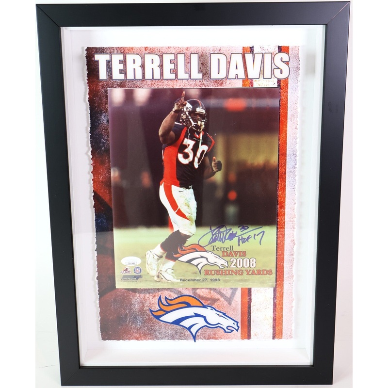 Terrell Davis Autographed Inscribed HOF 17 Framed 8×10 Photo JSA COA