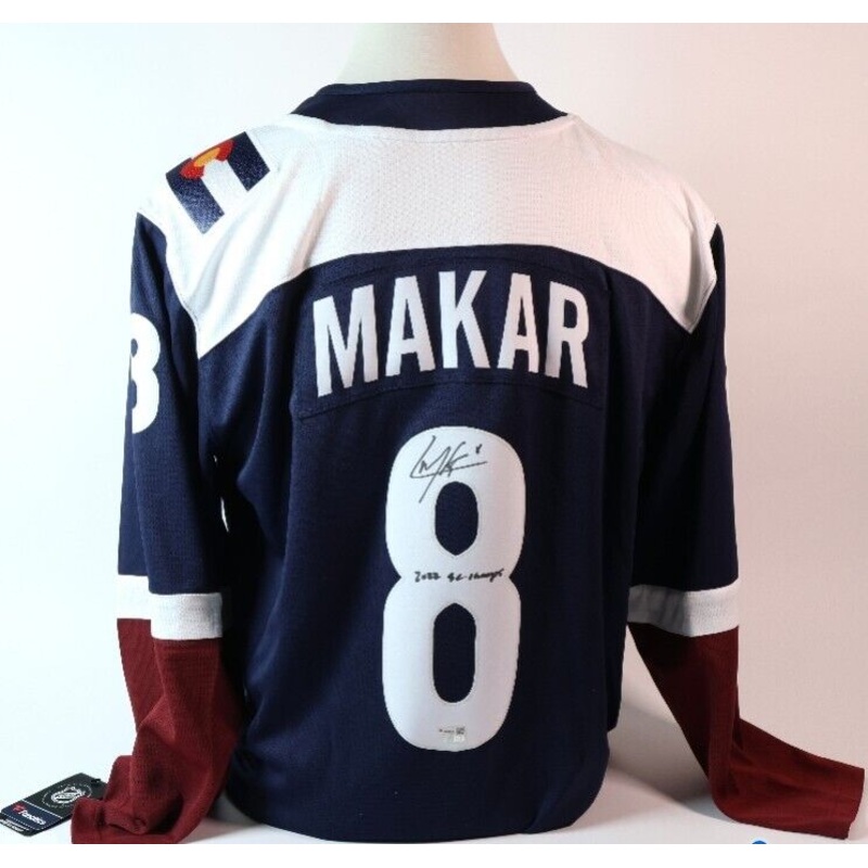 Cale Makar Breakaway Navy Jersey Autographed w/ inscription 2022 SC Champs