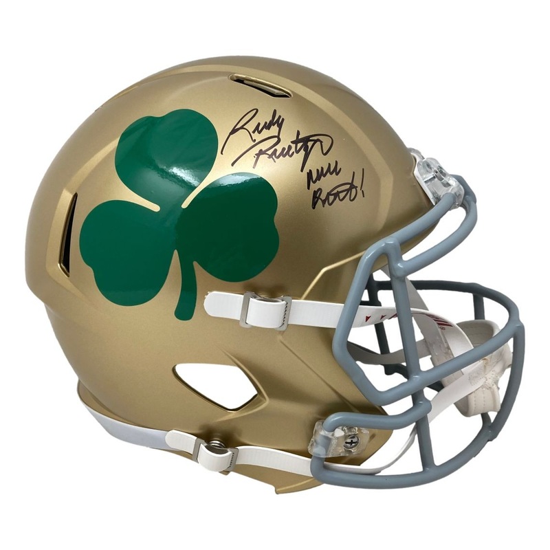 Rudy Ruettiger Signed Notre Dame FS Shamrock Replica Speed Helmet Never Quit BAS