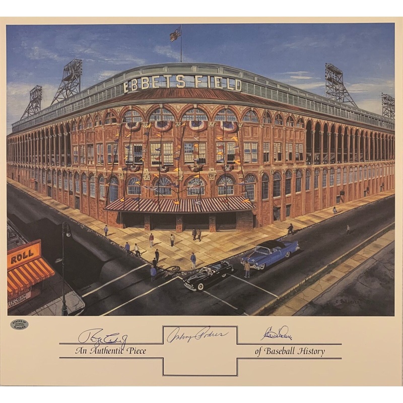 Ebbets Field Litho Signed by Craig, Podres, Labine
