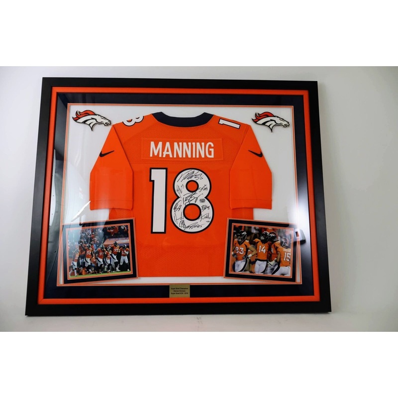Peyton Manning Autographed Deluxe Framed Jersey w/ 9 SB 50 Player Signatures
