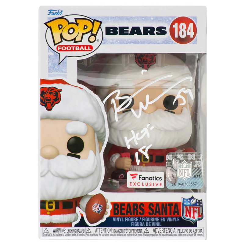 Brian Urlacher Signed Bears SANTA Funko Pop Doll #184 w/HOF’18 -(SCHWARTZ COA)