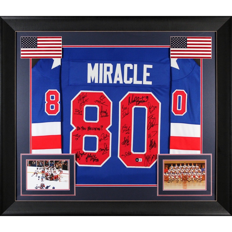 1980 USA Hockey 19 Autos Craig, Eruzione, Broten Signed Blue Framed Jersey BAS