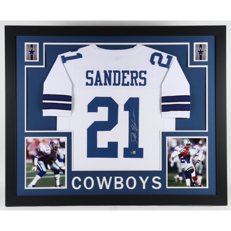 Deion Sanders Signed Dallas Cowboys 35×43 Framed Jersey (Beckett) HOF Def Back