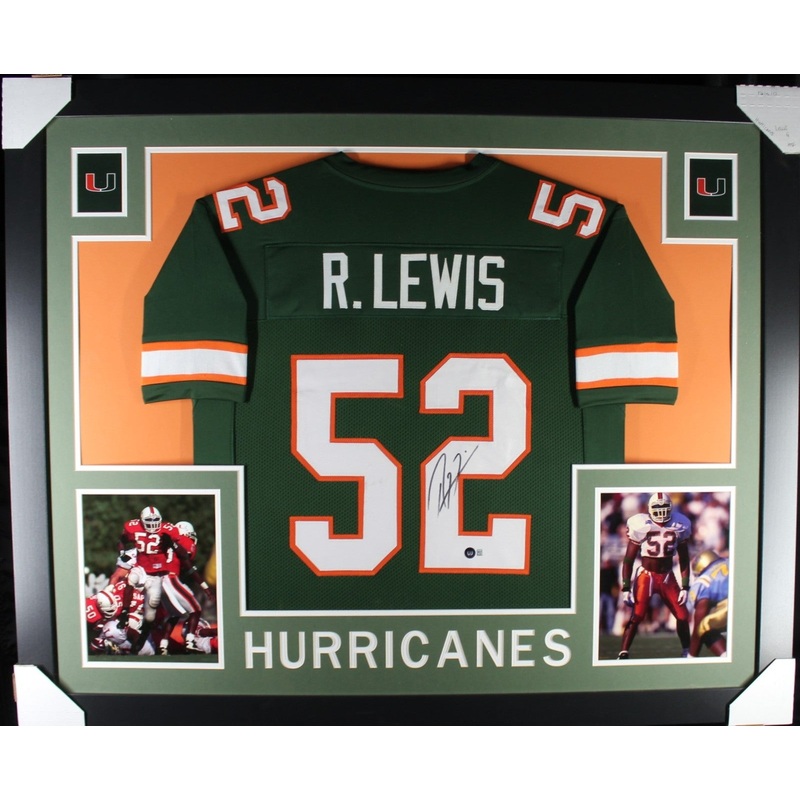 Ray Lewis Autographed/Signed College Style Green XL Framed Jersey Beckett 51227