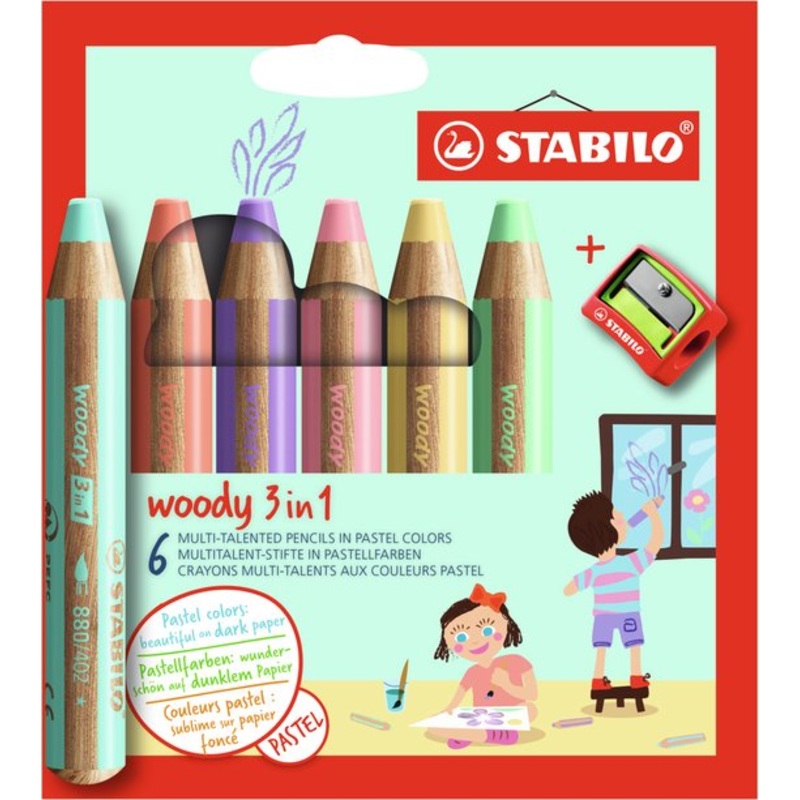 STABILO woody 3 in 1, Sets, 6-Color Pastel Set with Sharpener