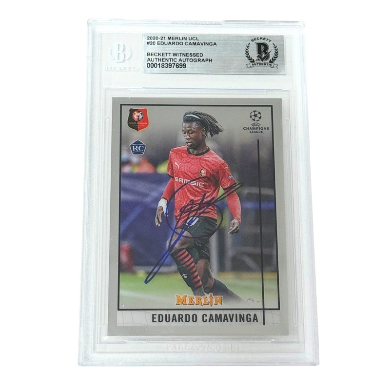 Eduardo Camavinga Signed 2020-21 Topps Merlin UCL #20 Rookie – Beckett Witness