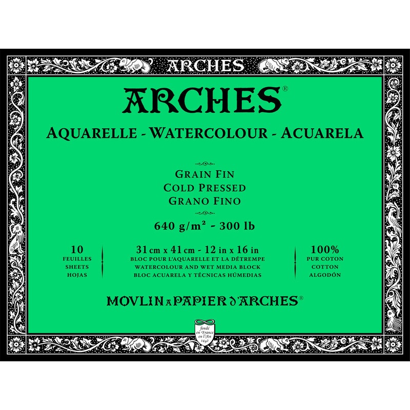 Arches Aquarelle Watercolour Paper Block, N. White CP 12X16 300lb