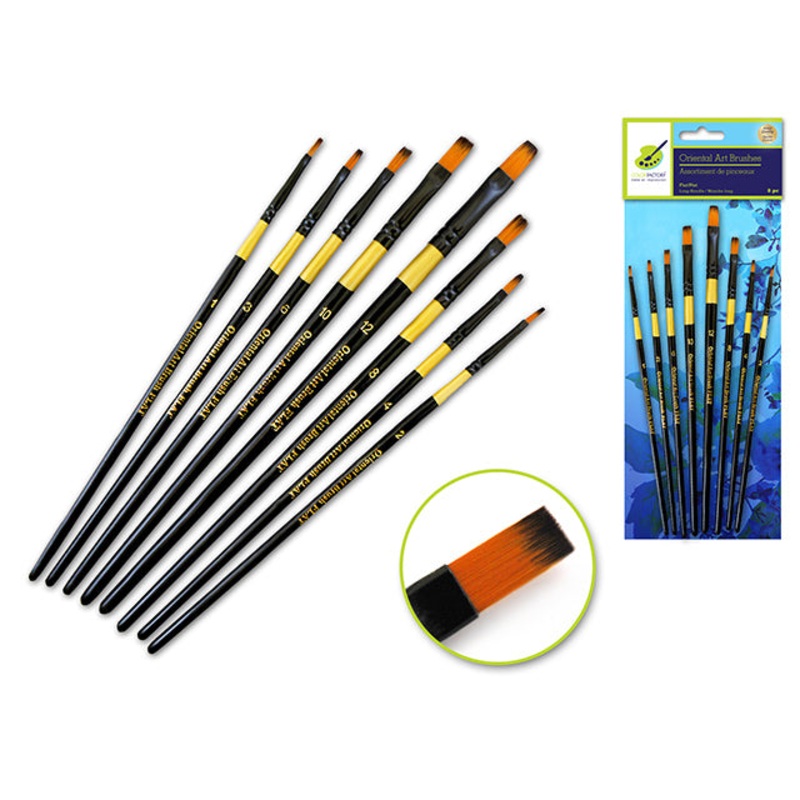 Color Factory Artist Brush Set Oriental Art Inspired x8 Wood Handle Flat Set