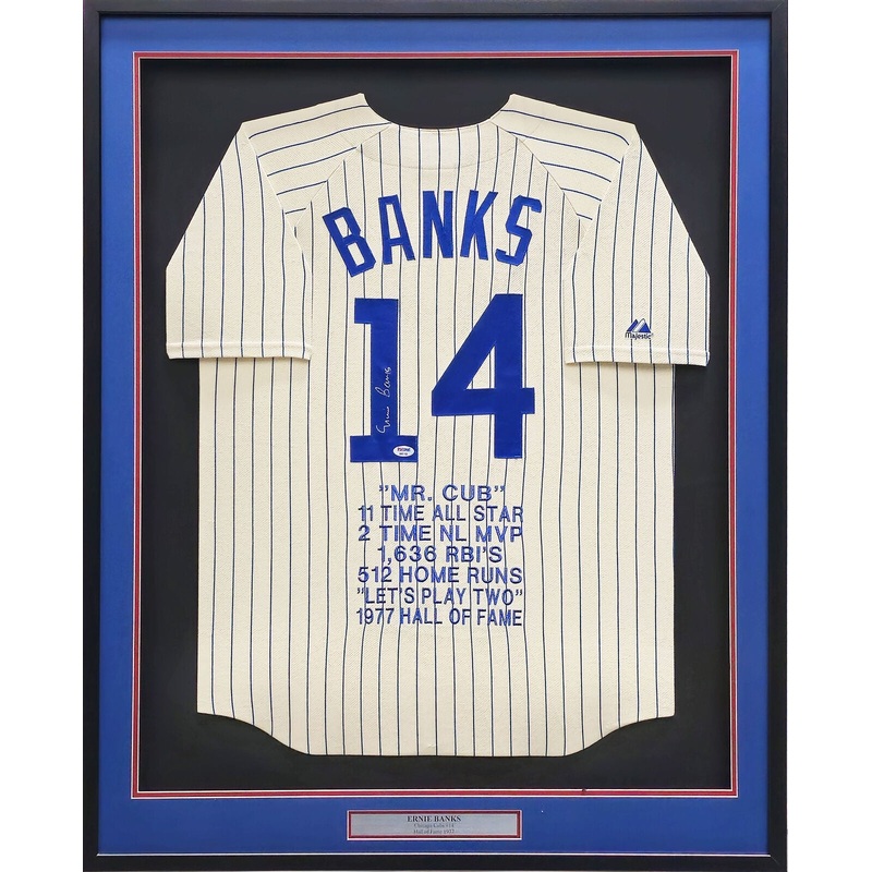 Cubs Ernie Banks Autographed Framed Cream Pinstripes Majestic Jersey PSA/DNA