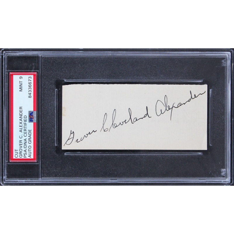 Athletics Grover Cleveland Alexander Signed 2×4.5 Cut Signature Auto 9! PSA Slab
