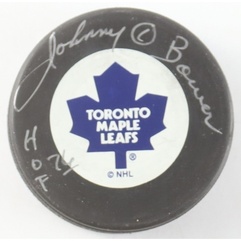 Johnny Bower Signed Toronto Maple Leafs Logo Hockey Puck Inscr HOF 76(Beckett)