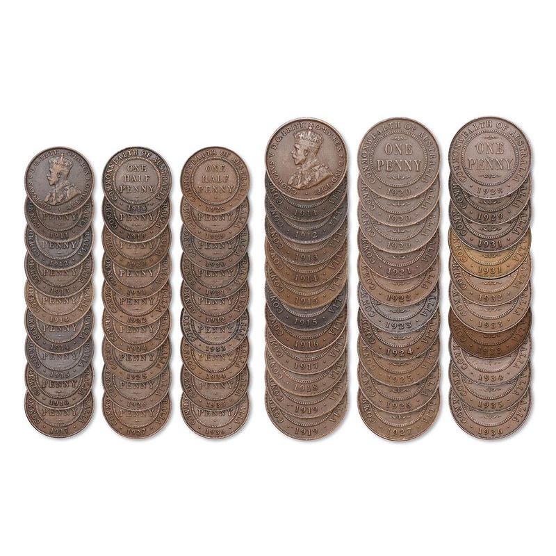 1911-36 George V Halfpenny & Penny 57-Coin Collection VG-EF (No 1923 1/2d or 1930 1d)